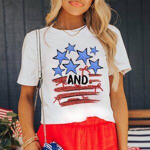 B286 White Patriotic Stars and Stripes Bow Graphic T Shirt